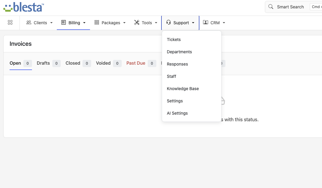 Vanilla Horizontal's top menu bar with the Support dropdown open
