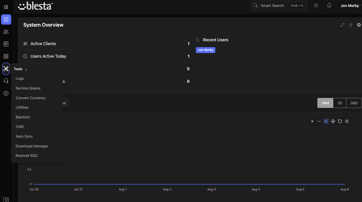 Vanilla's narrow sidebar with the Tools fly-out menu open over the System Overview dashboard